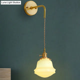 Gold Colonial Bell Sconce Lighting - Milky Glass Bedroom Wall Mounted Light Cord/Straight Arm 1 Bulb