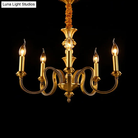 Gold Colonial Candle Ceiling Pendant Light With 3/5/6 Metal Heads - Elegant Living Room Chandelier