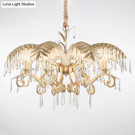 Gold Colonial Style Crystal Palm Leaf Chandelier Elegant Dining Room Suspension Lamp