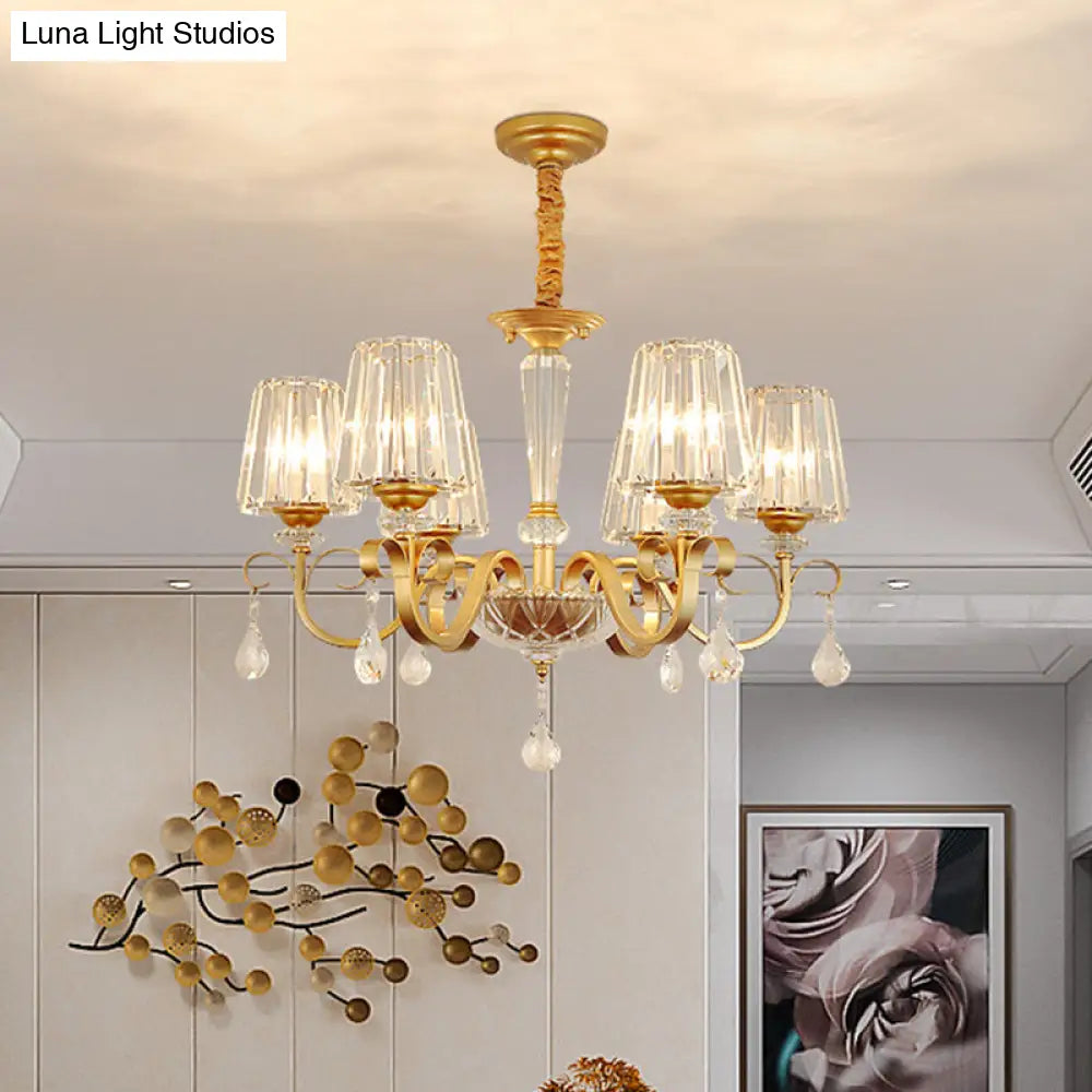 Gold Conical Crystal Hanging Chandelier - Traditional Dining Room Ceiling Light (3/6 Heads)