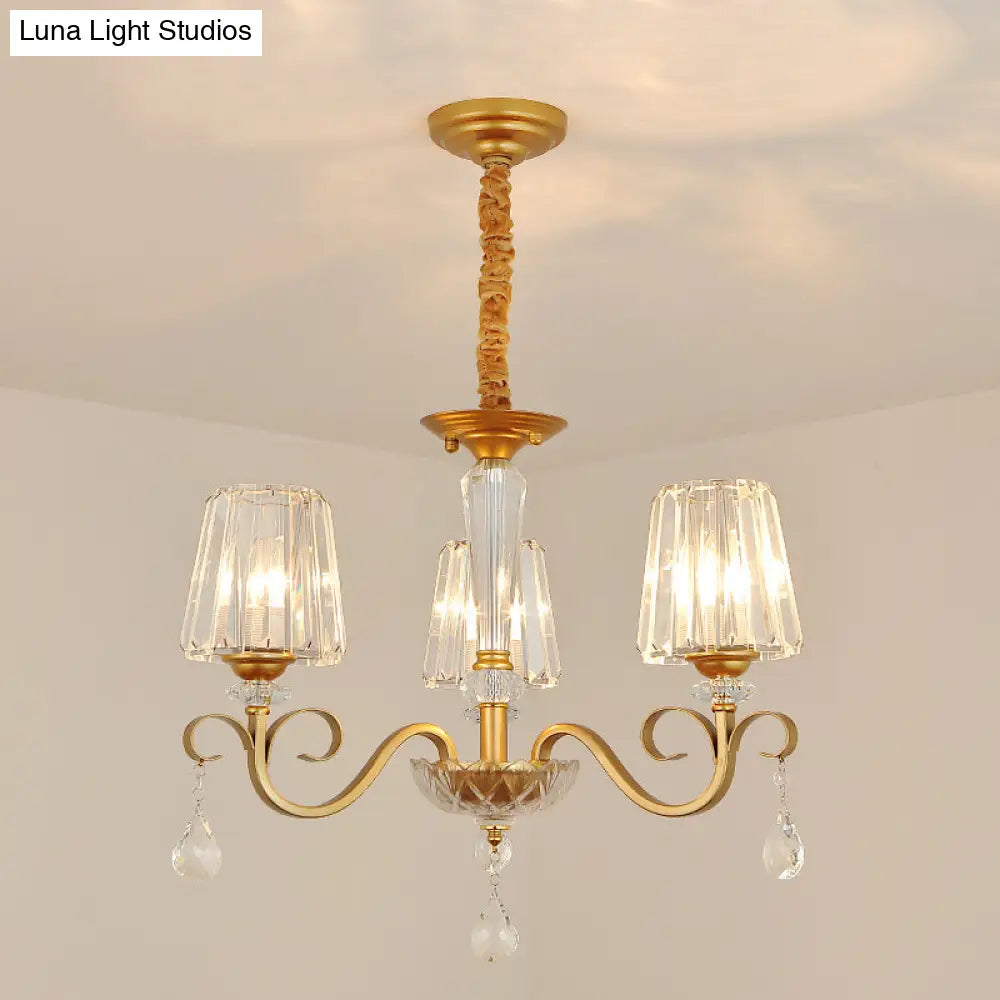 Gold Conical Crystal Hanging Chandelier - Traditional Dining Room Ceiling Light (3/6 Heads)