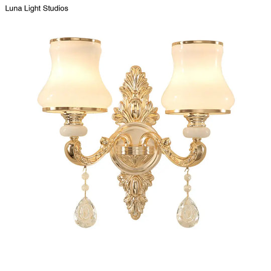 Gold Corridor Wall Light With Opaline Glass Shade And Crystal Accent