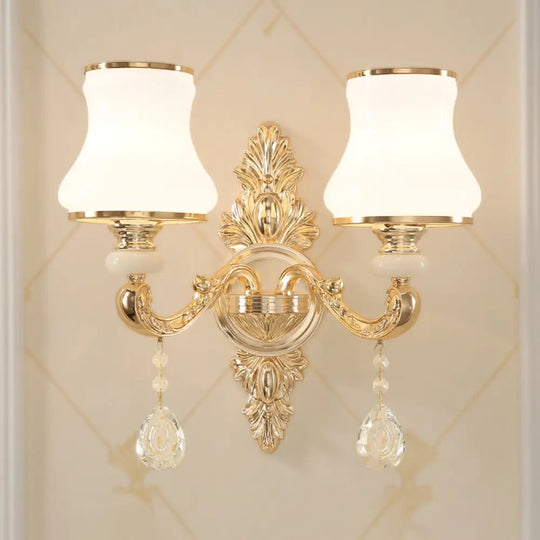 Gold Corridor Wall Light With Opaline Glass Shade And Crystal Accent 2 /