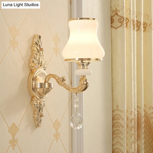 Gold Corridor Wall Light With Opaline Glass Shade And Crystal Accent