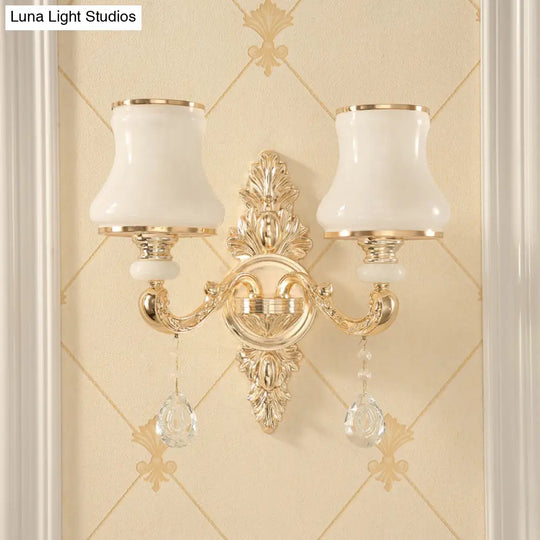Gold Corridor Wall Light With Opaline Glass Shade And Crystal Accent