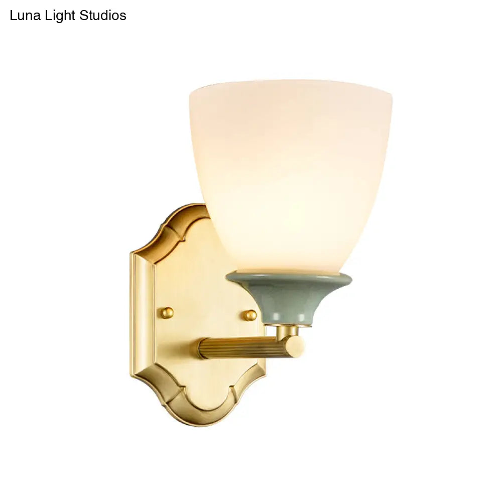 Gold Cream Glass Wall Lamp - Traditional Light With Straight Arm And Single Bulb