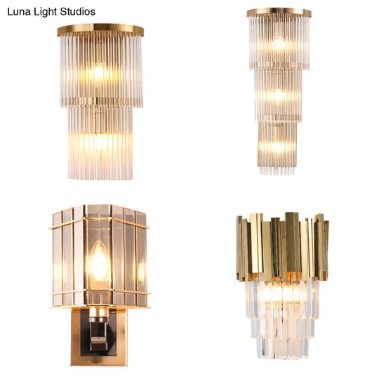 Gold Crystal Bedside Wall Sconce With 2/3 Tiers And 1/3 Light - Postmodern Triangle Design