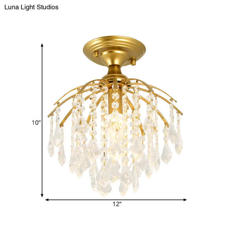 Gold Crystal Cascading Semi Flush Lamp - Traditional Hallway Ceiling Light With 1 Bulb