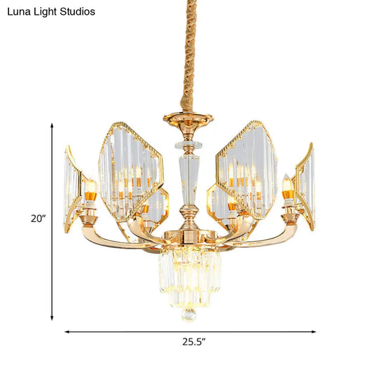 Gold Crystal Ceiling Chandelier - 6-Bulb Rhombus Paneled Pendant Light In Postmodern Style