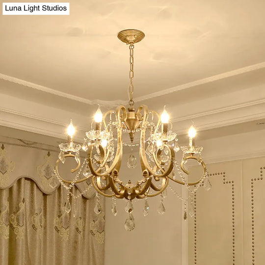 Gold Crystal Chandelier: Traditional 6-Bulb Scroll Light Fixture