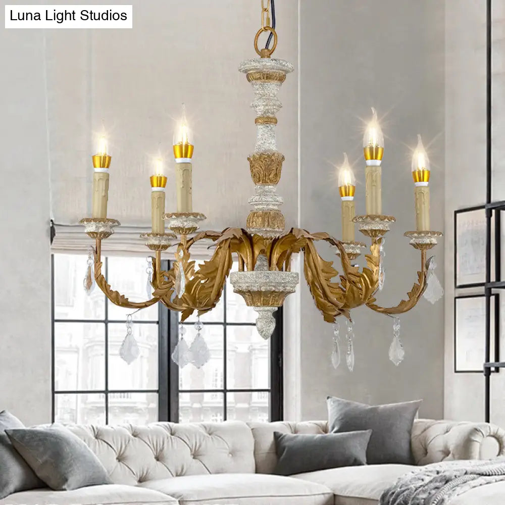 Gold Crystal Chandelier - Traditional 6-Light Hanging Fixture For Living Room