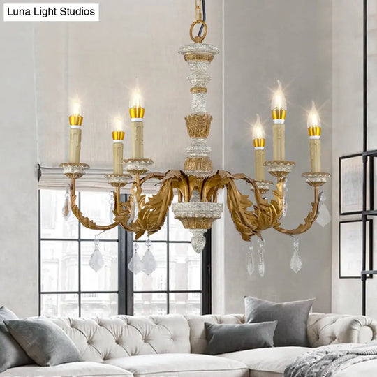 Gold Crystal Chandelier - Traditional 6-Light Hanging Fixture For Living Room