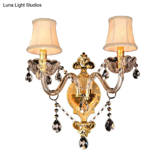 Gold Crystal Drip Wall Sconce With Bell Shade - Bedroom Mounted Light Elegant 2-Bulb Lighting