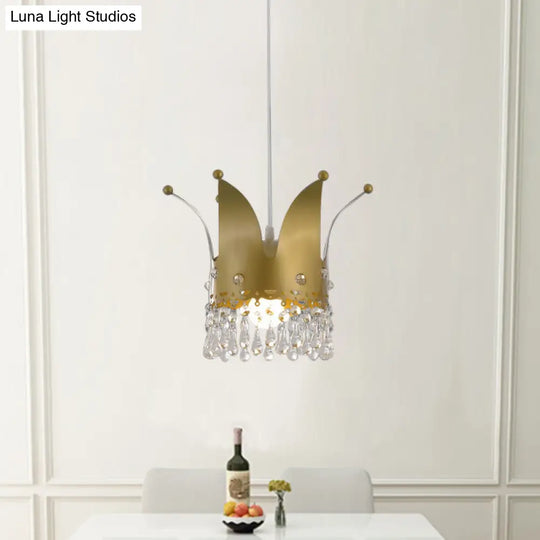 Gold Crystal Drop Modernist Crown Hanging Lamp - Bedroom Down Lighting With 1 Bulb
