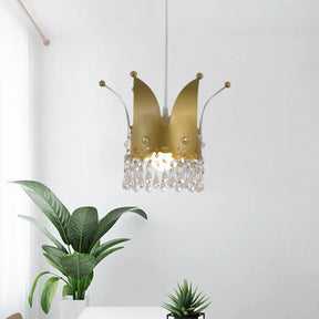 Gold Crystal Drop Modernist Crown Hanging Lamp - Bedroom Down Lighting With 1 Bulb