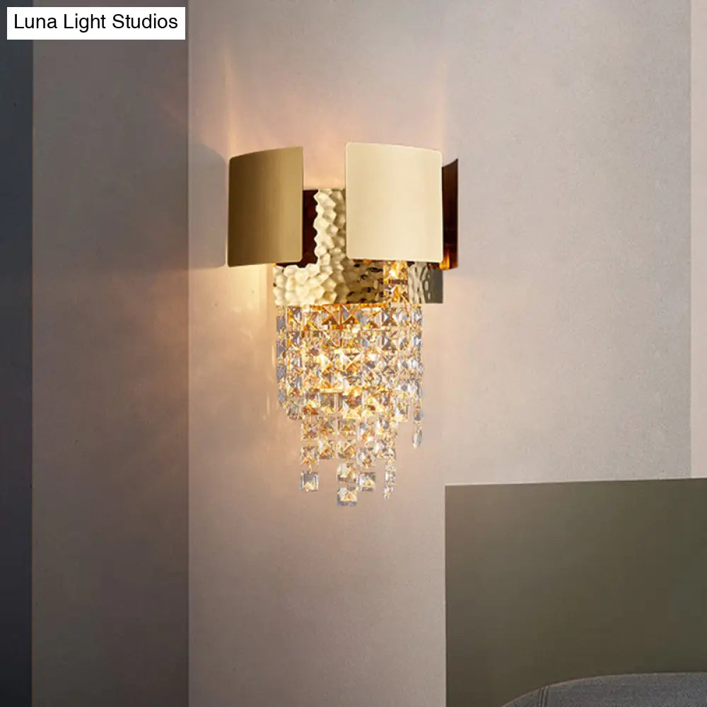 Gold Crystal Led Wall Sconce With 2 Cascading Bulbs For Traditional Bedroom Lighting