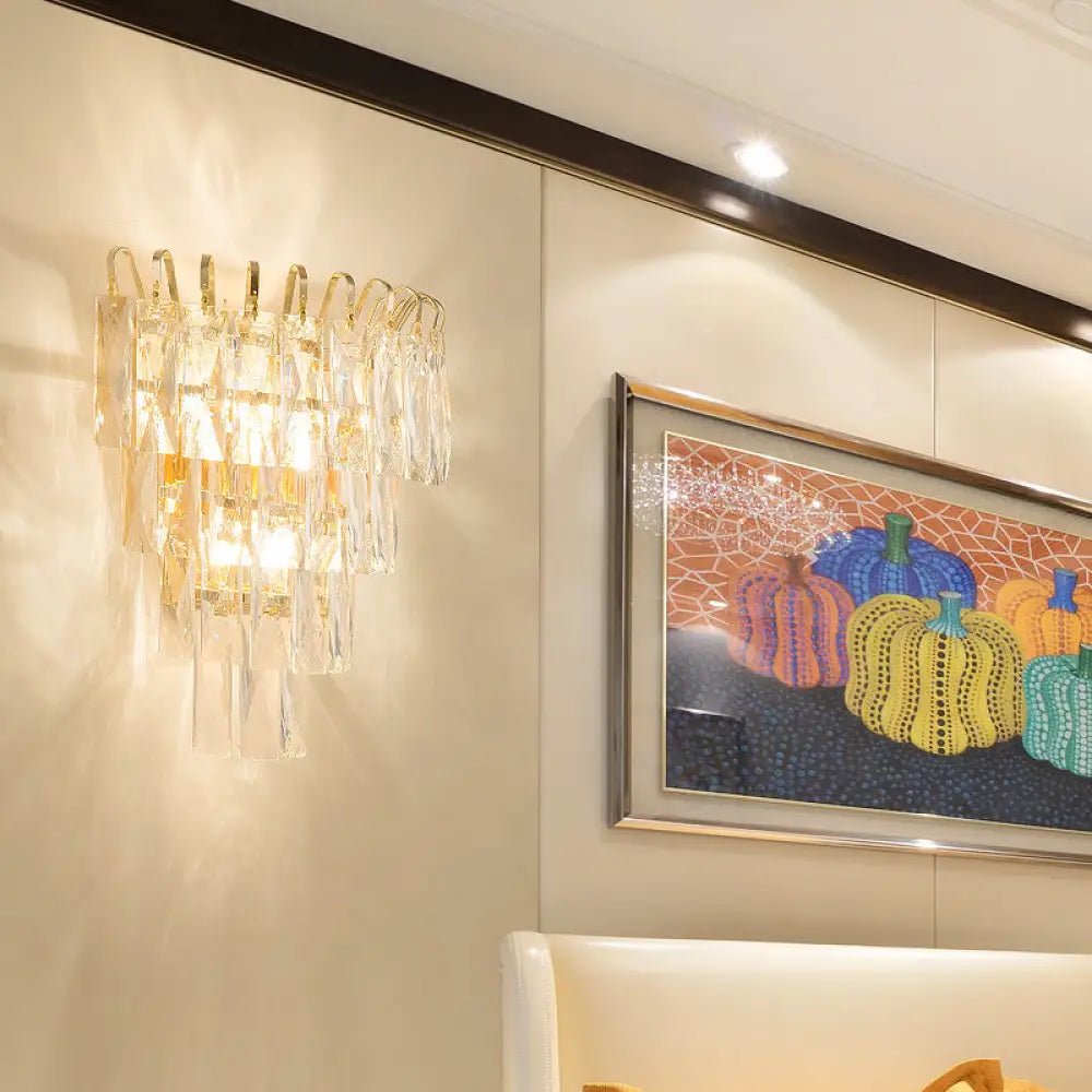 Gold Crystal Wall Sconce With 3 Modern Heads And 4 Tiers For Living Room