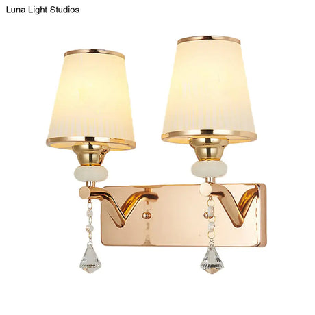 Gold Crystal Wall Sconce With Conical Shades - 2 Bulb Contemporary Mount Light