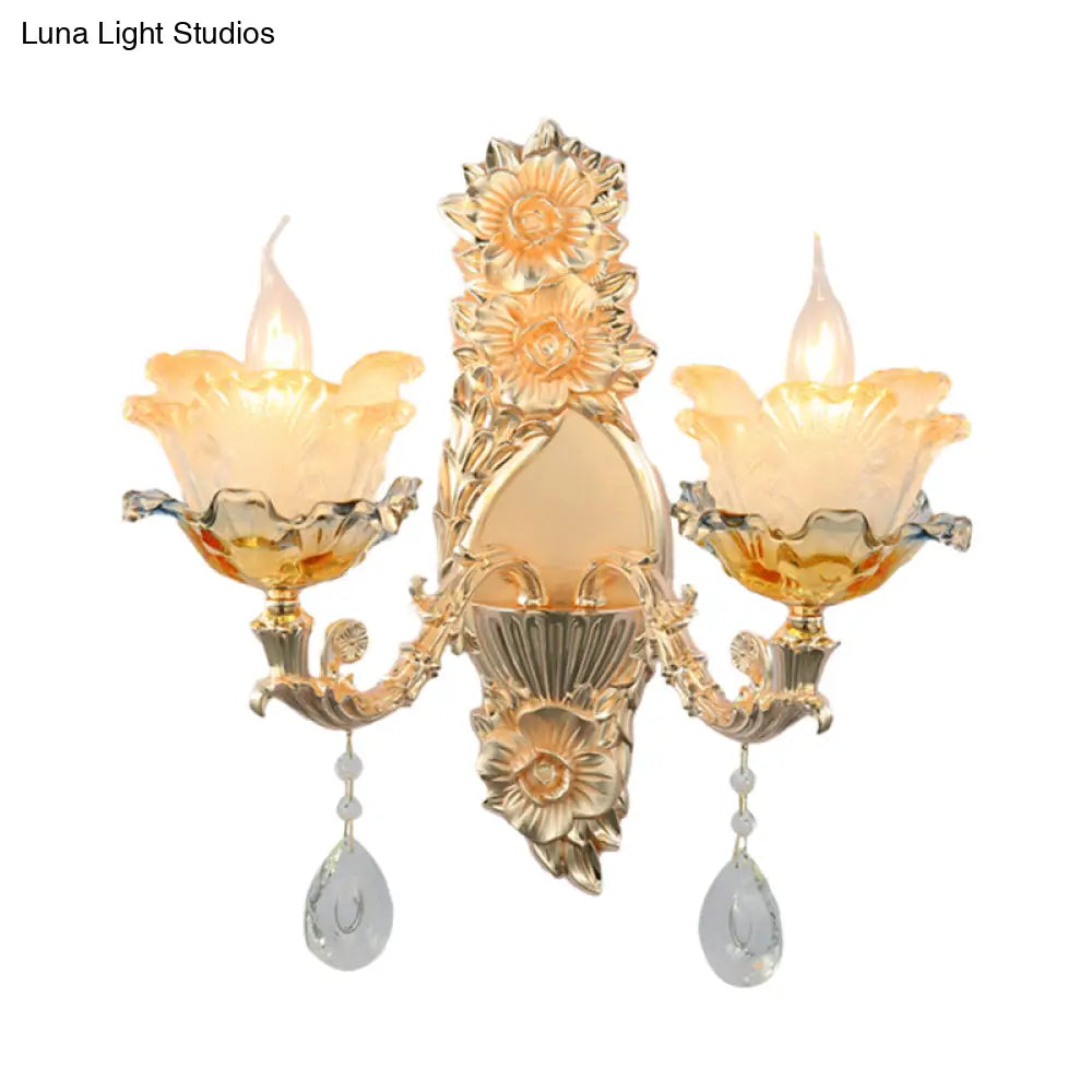 Gold Crystal Wall Sconce With Mid-Century Flower Shades - 2 Heads