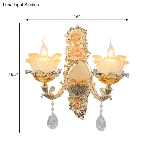 Gold Crystal Wall Sconce With Mid-Century Flower Shades - 2 Heads