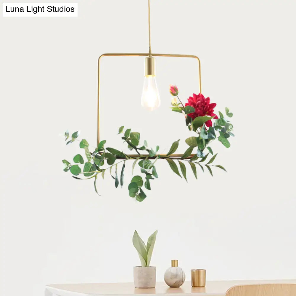Gold Drop Pendant With Iron Frame And Fake Rose / Square