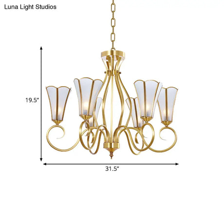 Gold Finish 6-Light Colonial Chandelier With Frosted Glass Flower Shades