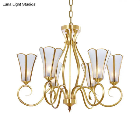 Gold Finish 6-Light Colonial Chandelier With Frosted Glass Flower Shades