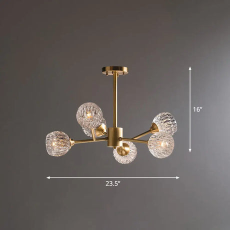 Gold Finish Chandelier With Metallic Branch Design And Clear Crystal Shade 6 /