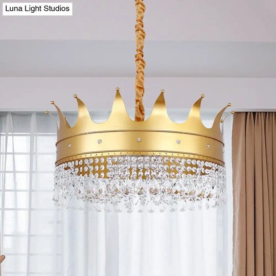Gold Finish Crown Ceiling Chandelier - Kids 2/4/5 Bulbs Metal Suspension Light With Crystal Accent