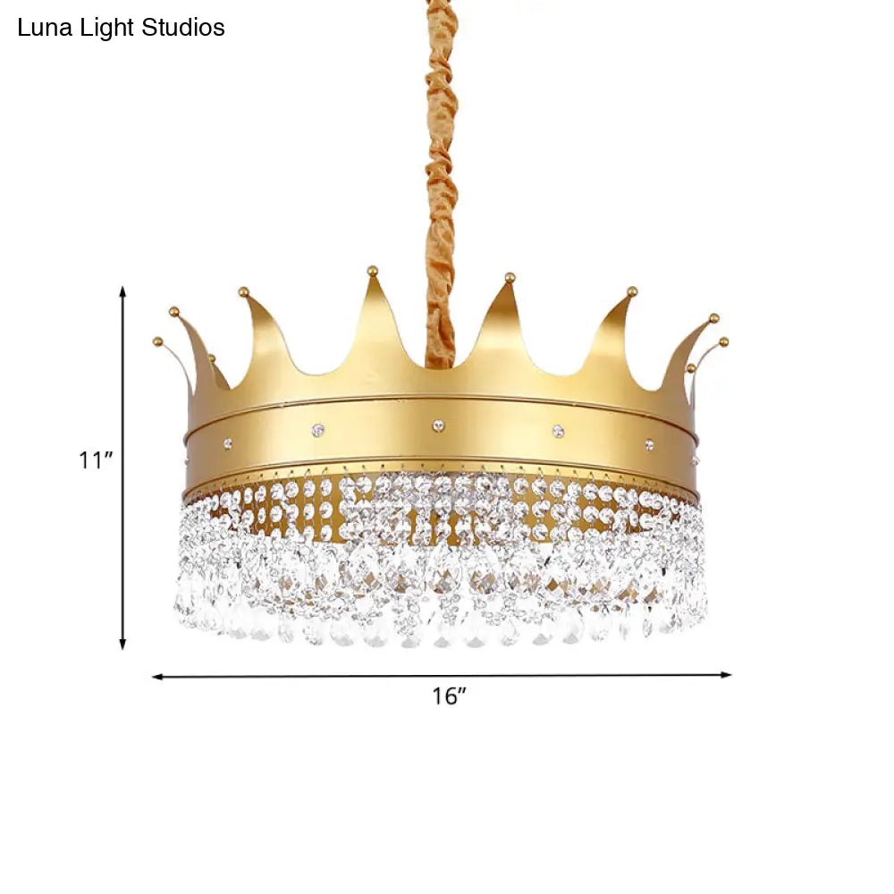 Gold Finish Crown Ceiling Chandelier - Kids 2/4/5 Bulbs Metal Suspension Light With Crystal Accent