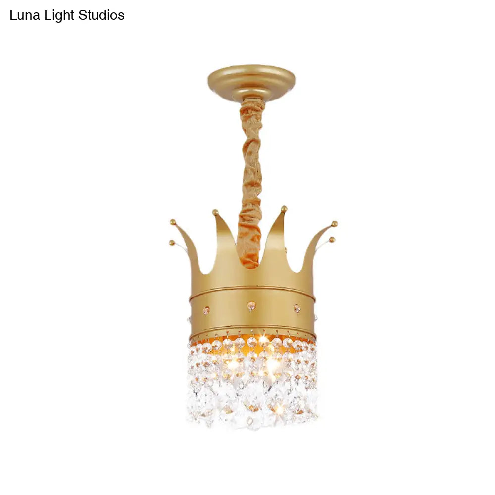 Gold Finish Crown Ceiling Chandelier - Kids 2/4/5 Bulbs Metal Suspension Light With Crystal Accent