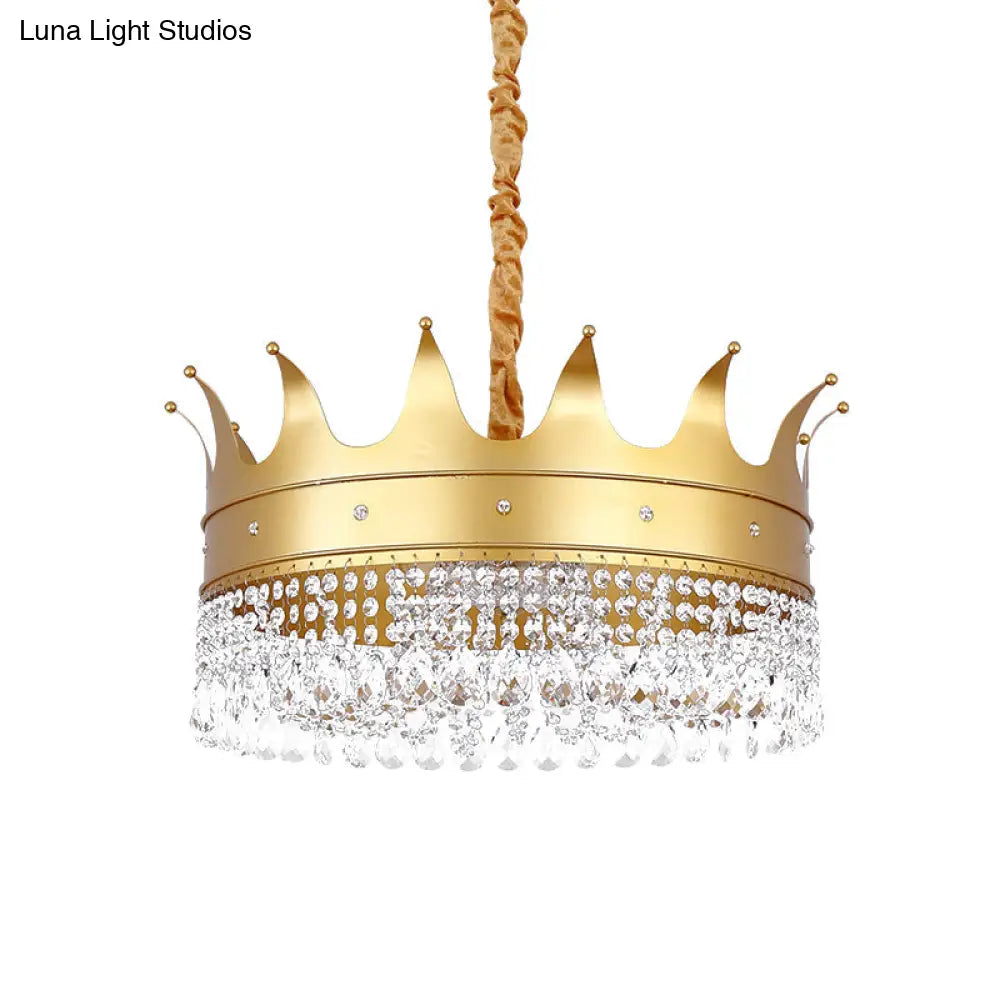 Gold Finish Crown Ceiling Chandelier - Kids 2/4/5 Bulbs Metal Suspension Light With Crystal Accent