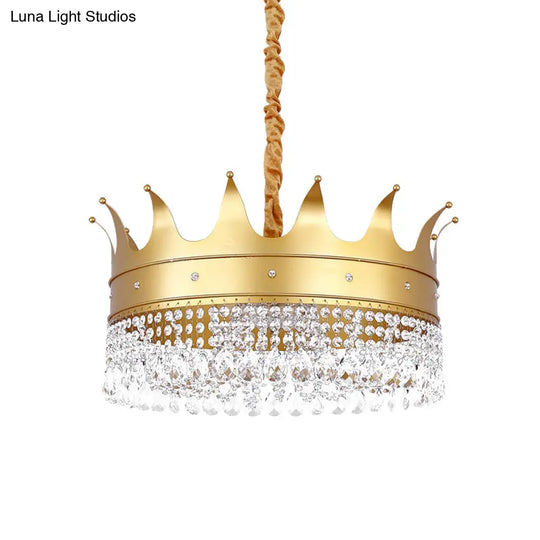 Gold Finish Crown Ceiling Chandelier - Kids 2/4/5 Bulbs Metal Suspension Light With Crystal Accent