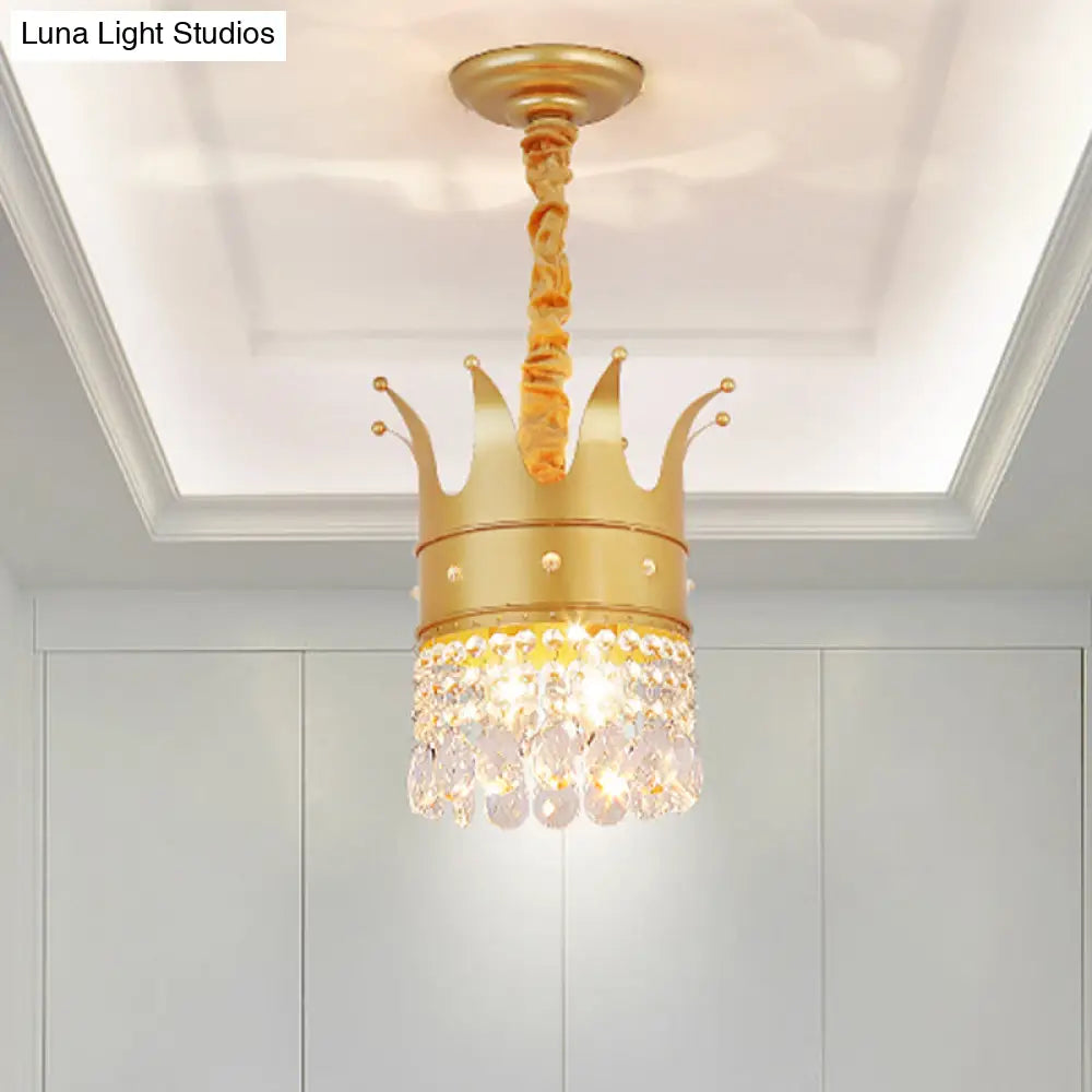 Gold Finish Crown Ceiling Chandelier - Kids 2/4/5 Bulbs Metal Suspension Light With Crystal Accent