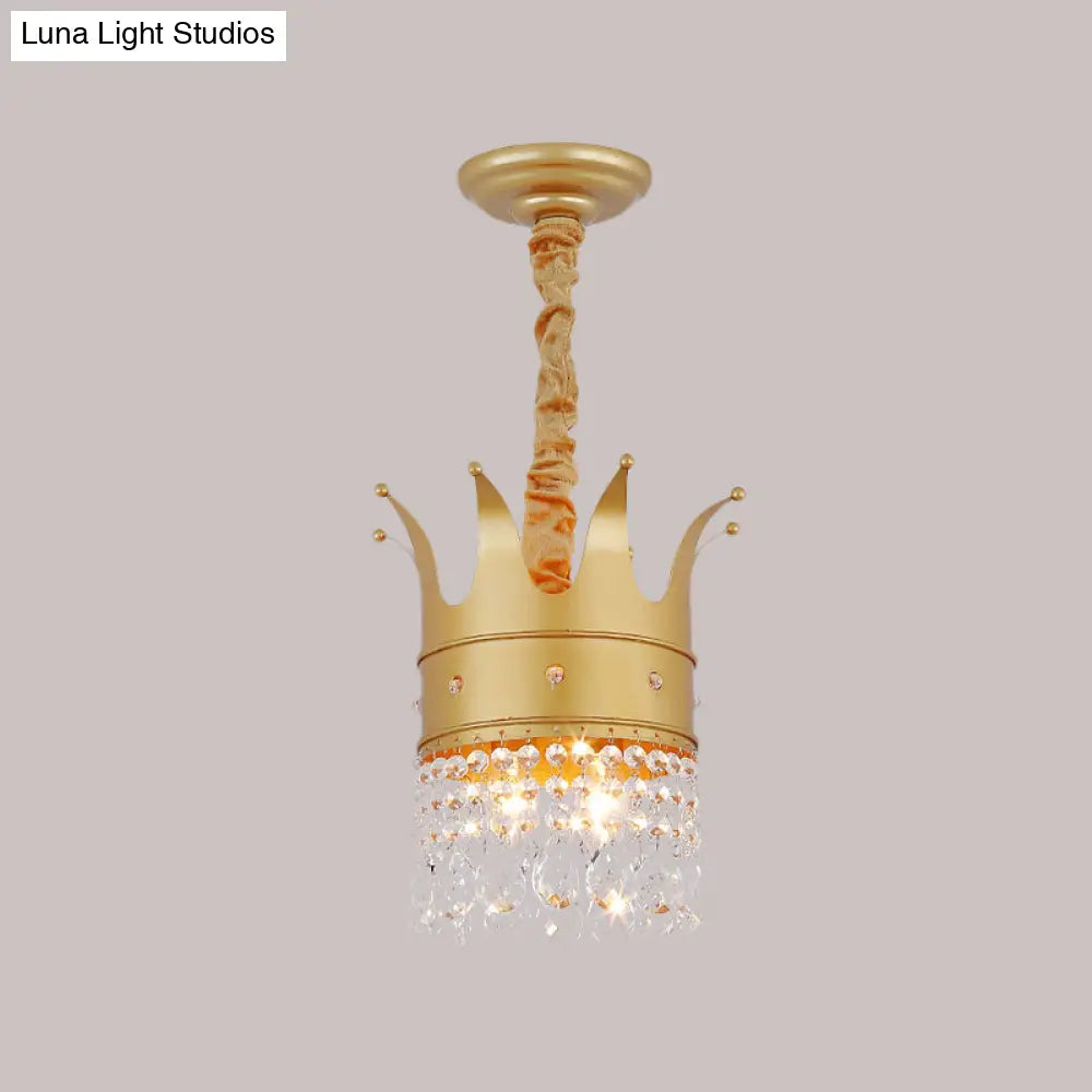 Gold Finish Crown Ceiling Chandelier - Kids 2/4/5 Bulbs Metal Suspension Light With Crystal Accent