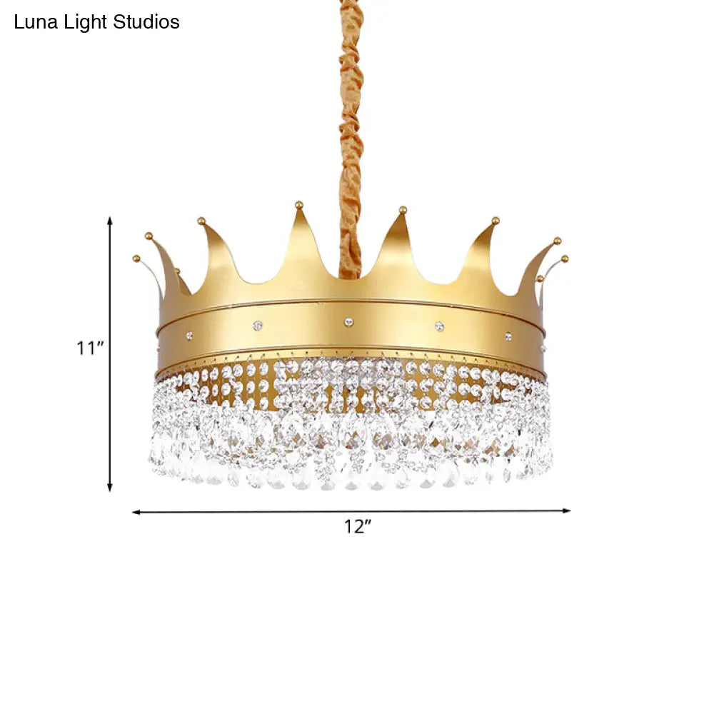 Gold Finish Crown Ceiling Chandelier - Kids 2/4/5 Bulbs Metal Suspension Light With Crystal Accent
