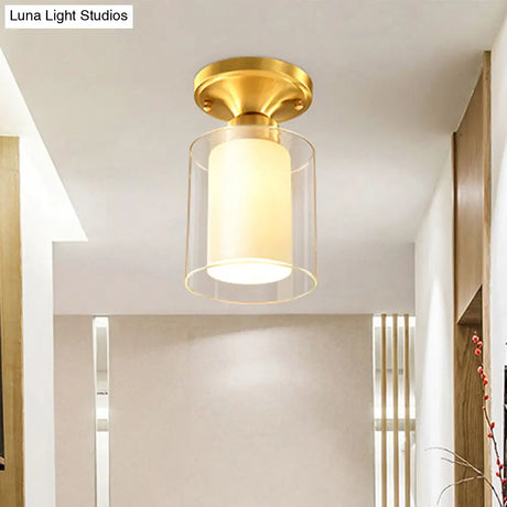 Gold Finish Cylindrical Semi Flush Ceiling Light - Glass Shade Simple 1 - Bulb Semi - Flush Mount