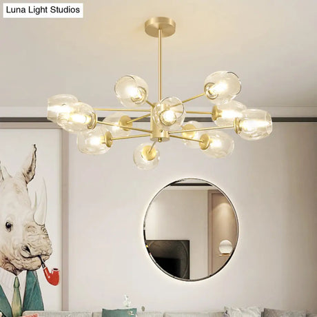 Gold Finish Dimpled Glass Cup Chandelier - Postmodern Hanging Lamp For Living Room