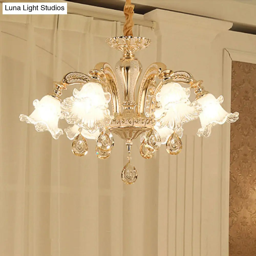 Gold Flared Chandelier With Crystal Accents - Classic Ruffle Glass Pendant Light For Living Room