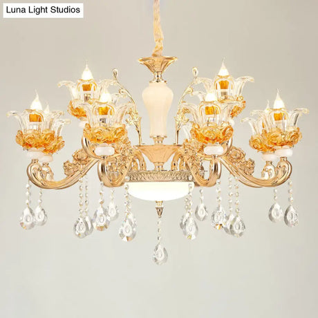 Gold Floral Glass Chandelier: Elegant Living Room Suspension Lamp