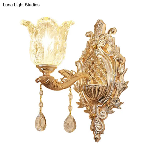 Gold Floral Glass Wall Light With Ruffled Shade - Bedroom Mounted Lamp