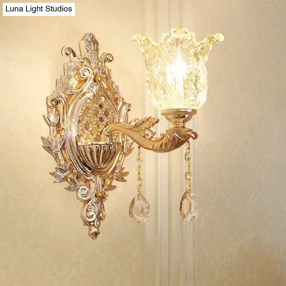 Gold Floral Glass Wall Light With Ruffled Shade - Bedroom Mounted Lamp