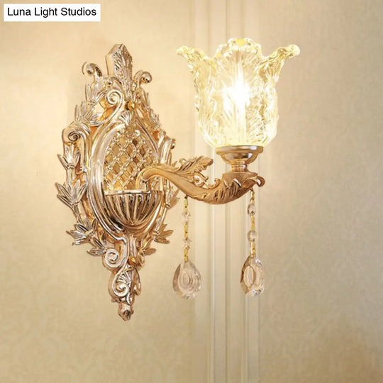 Gold Floral Glass Wall Light With Ruffled Shade - Bedroom Mounted Lamp