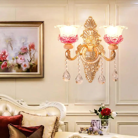 Gold Floral Ruffle Wall Mount Light With Crystal Accent - Traditional Glass Corridor Fixture 2 / D