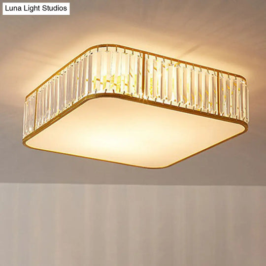 Gold Flush Mount Ceiling Lamp With Crystal Drum Shade For Modern Bedrooms