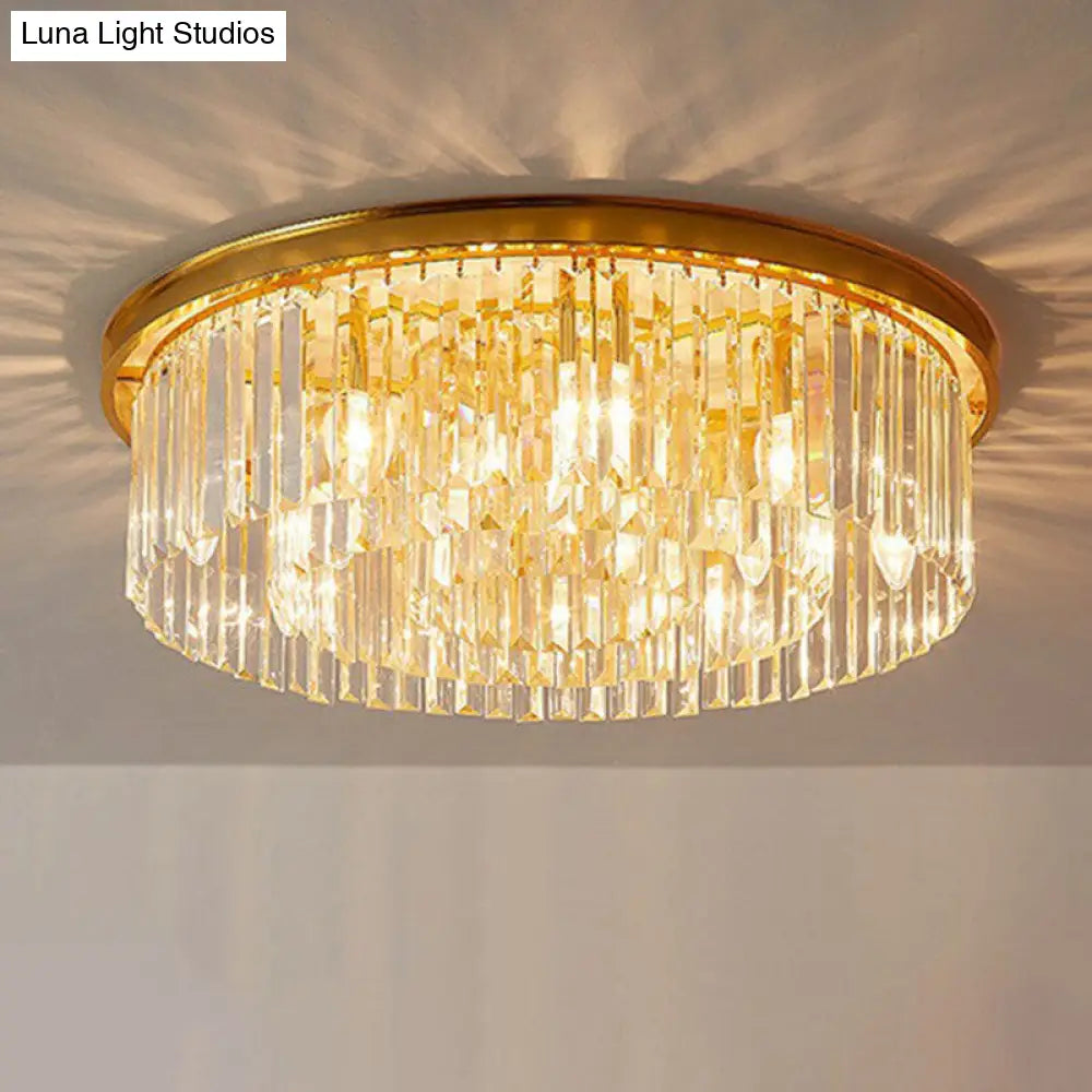 Gold Flush Mount Ceiling Lamp With Crystal Drum Shade For Modern Bedrooms / C