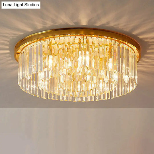 Gold Flush Mount Ceiling Lamp With Crystal Drum Shade For Modern Bedrooms / C