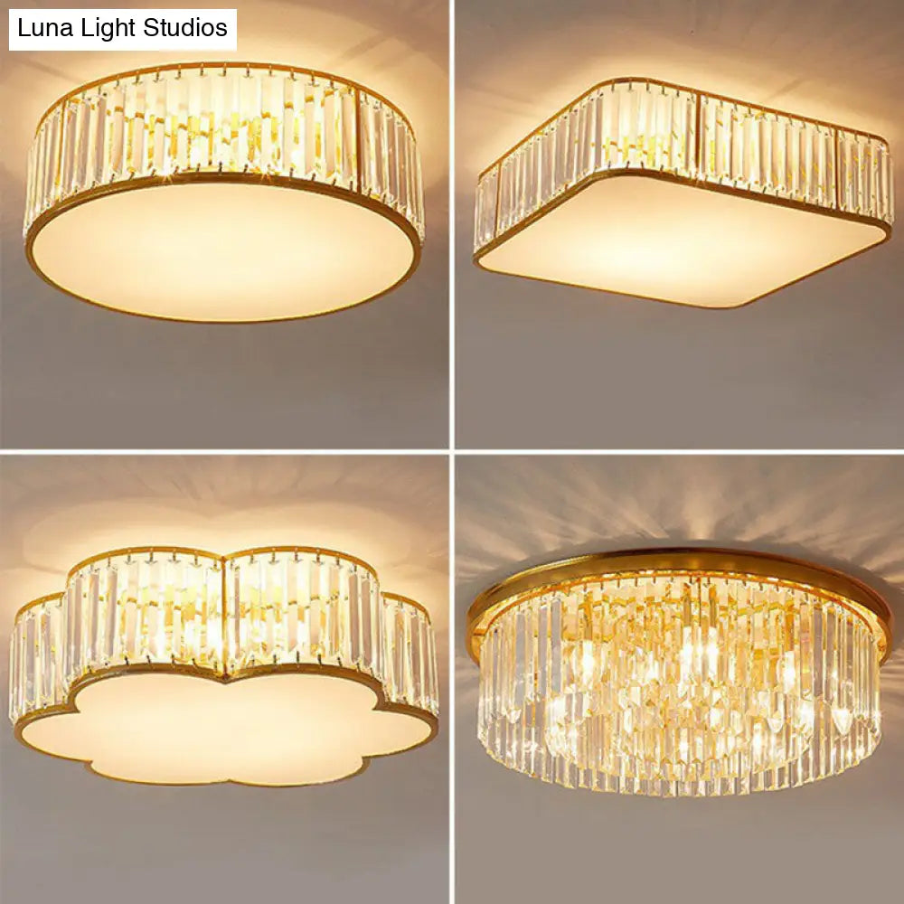 Gold Flush Mount Ceiling Lamp With Crystal Drum Shade For Modern Bedrooms