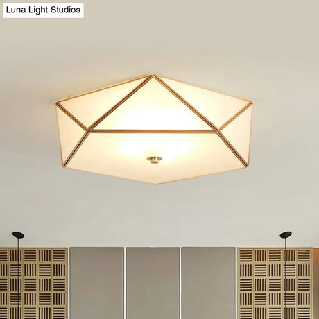 Gold Flush Mount Ceiling Light - Beveled Box Hotel Design Frosted White Glass Post - Modern Style