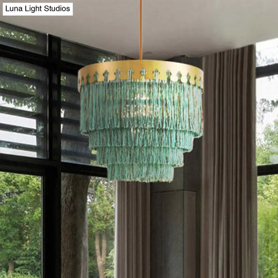 Gold Fringed Single-Bulb Living Room Pendant Light Fixture - Tiered Suspension Design
